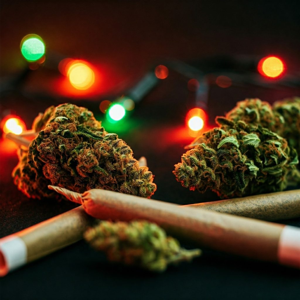 Budr Cannabis products beneath the warm glow of festive holiday lights.