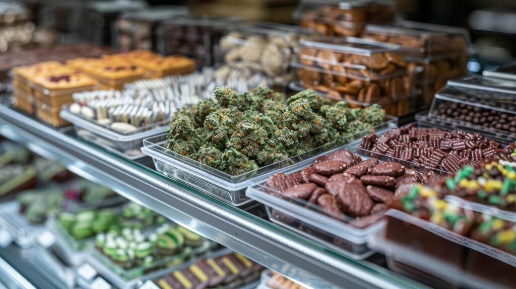Variety of cannabis edibles in a modern cannabis shop.