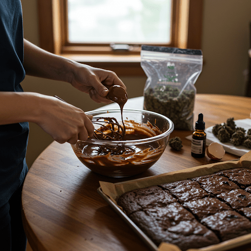 A person prepares a delicious batch of cannabis infused brownies at home.