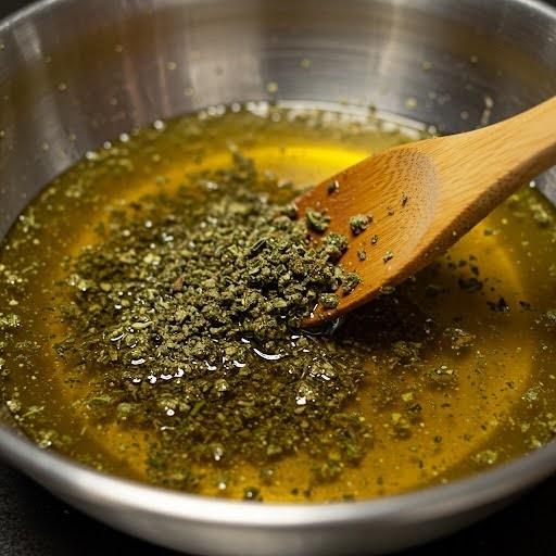 Ground cannabis being mixed into a bowl of olive oil.