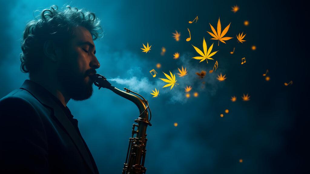 A jazz saxophone releases floating cannabis leaf notes into blue club smoke.