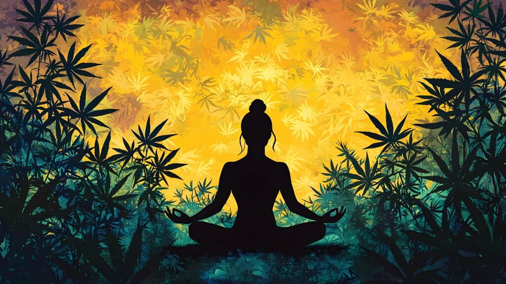 Woman meditating amidst cannabis plants at sunset.
