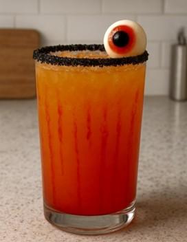 A glass with a drink and a candy eye on top.