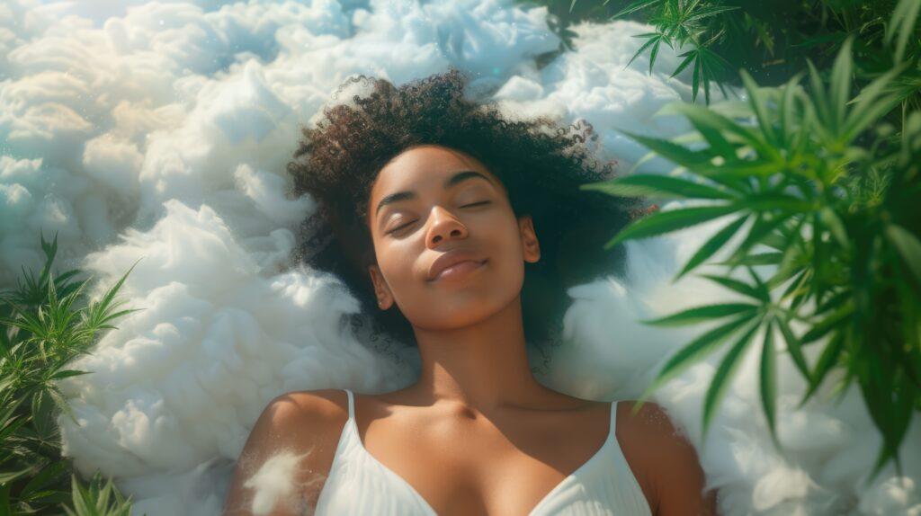Woman asleep in a cloud surrounded by cannabis plants.