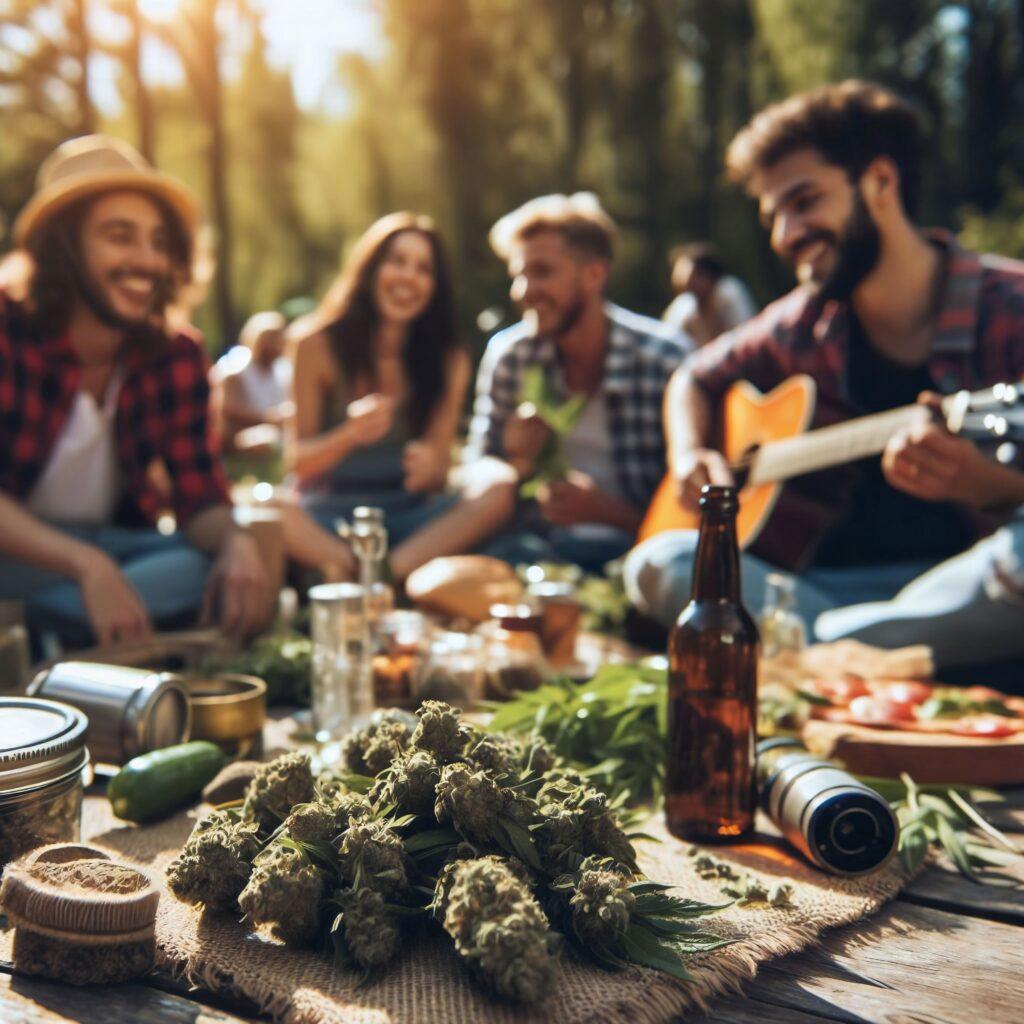 Group of friends celebrating the legalization of cannabis outdoors in the park. Marijuana party. Table with cannabis buds.