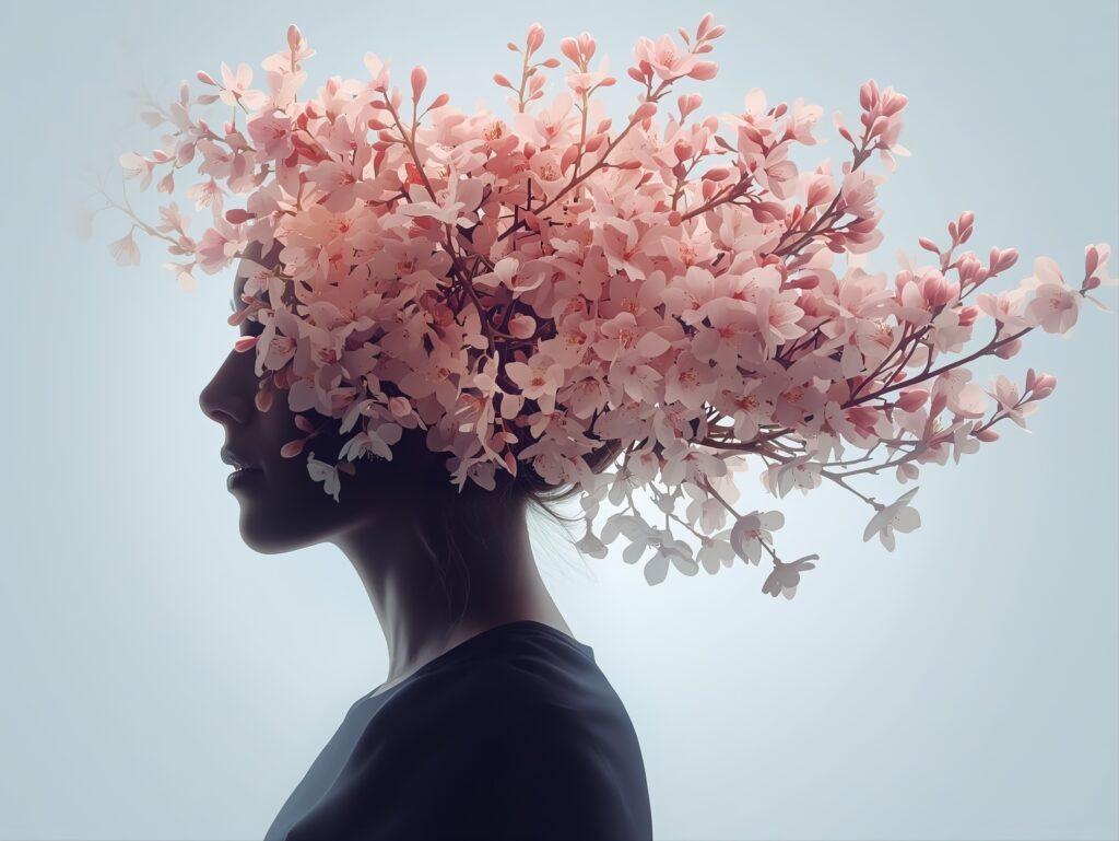 Feminine profile with flourishing pink cherry blossoms replacing head, symbolizing mental growth and spring renewal 2026.